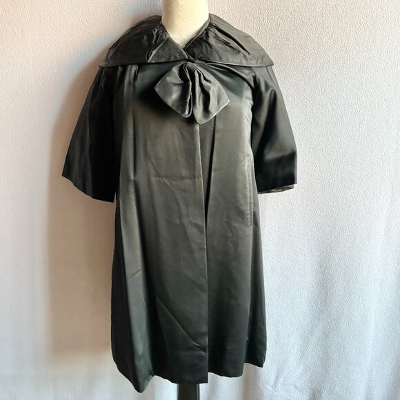1950s Black Sateen Elbow-Length Sleeve Cocktail Coat - Picture 1 of 13